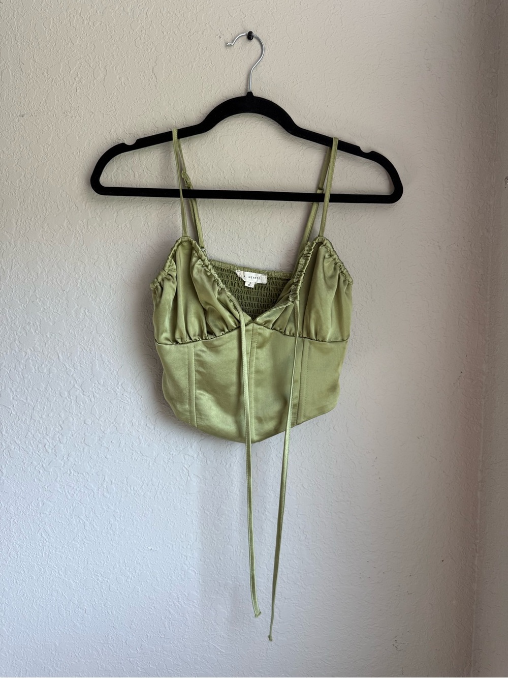 La Hearts Olive Satin Cami Crop Top with Tie Front
